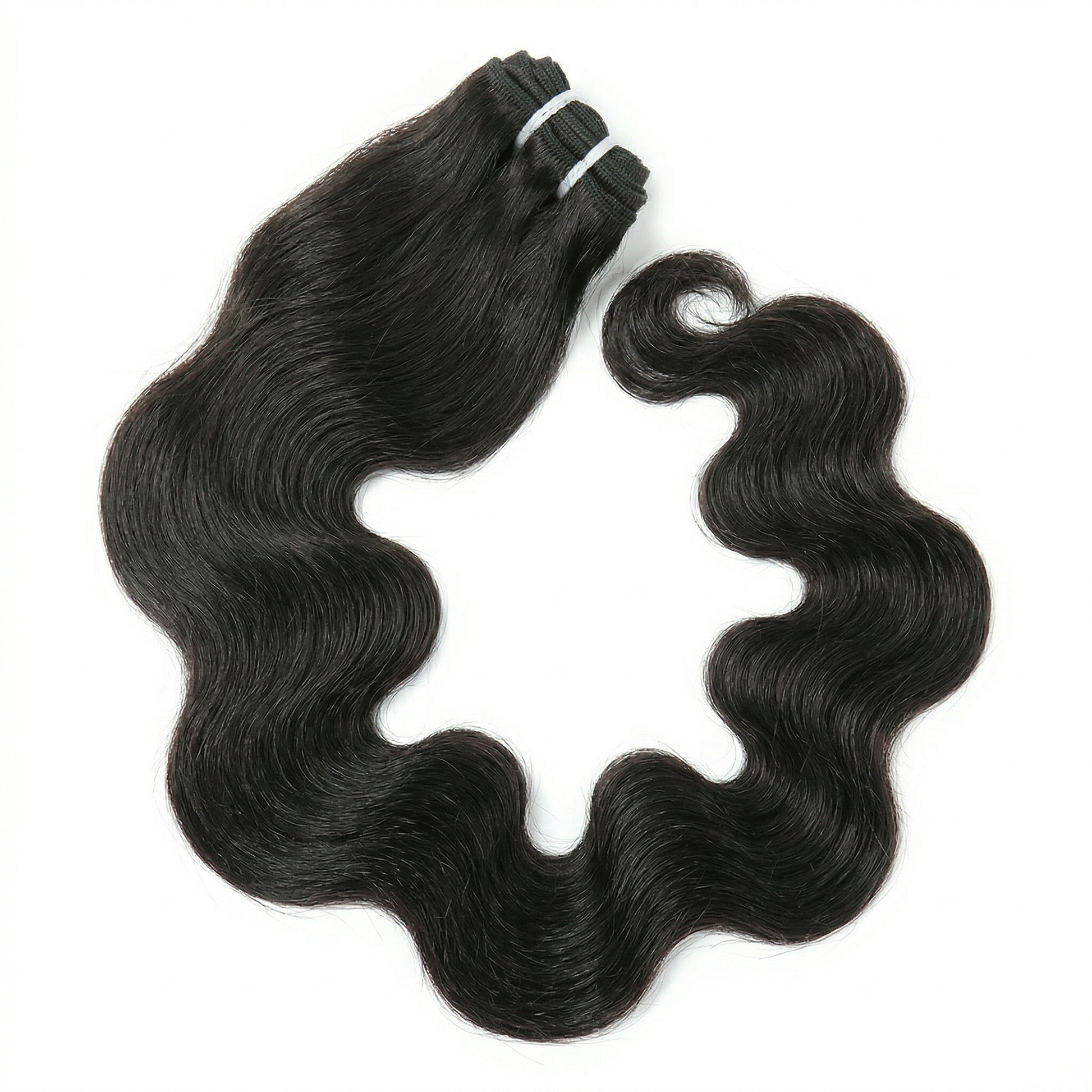 Black hair extensions with wavy texture on a white background